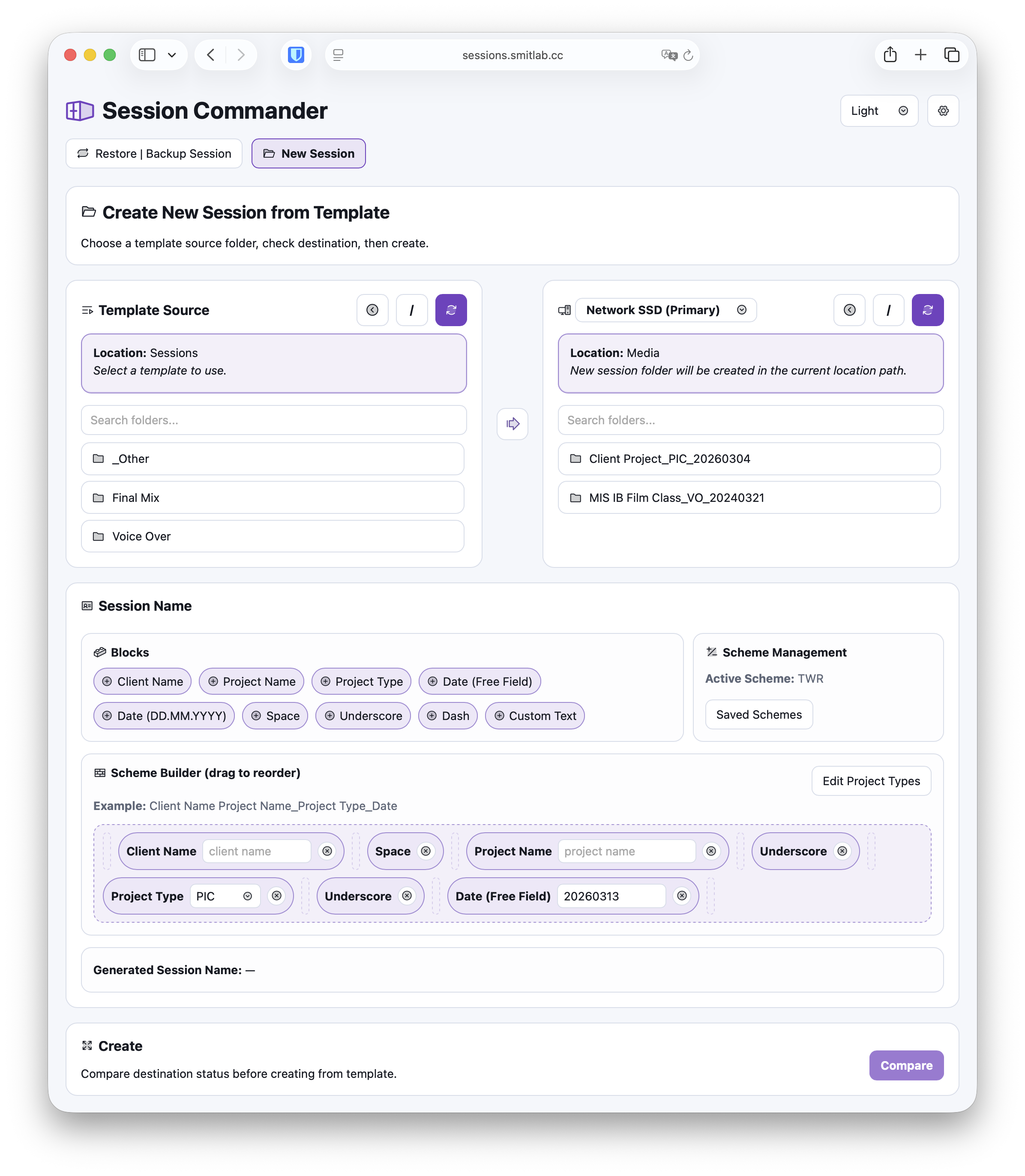 Session Commander template source, destination, and session builder for creating a new session