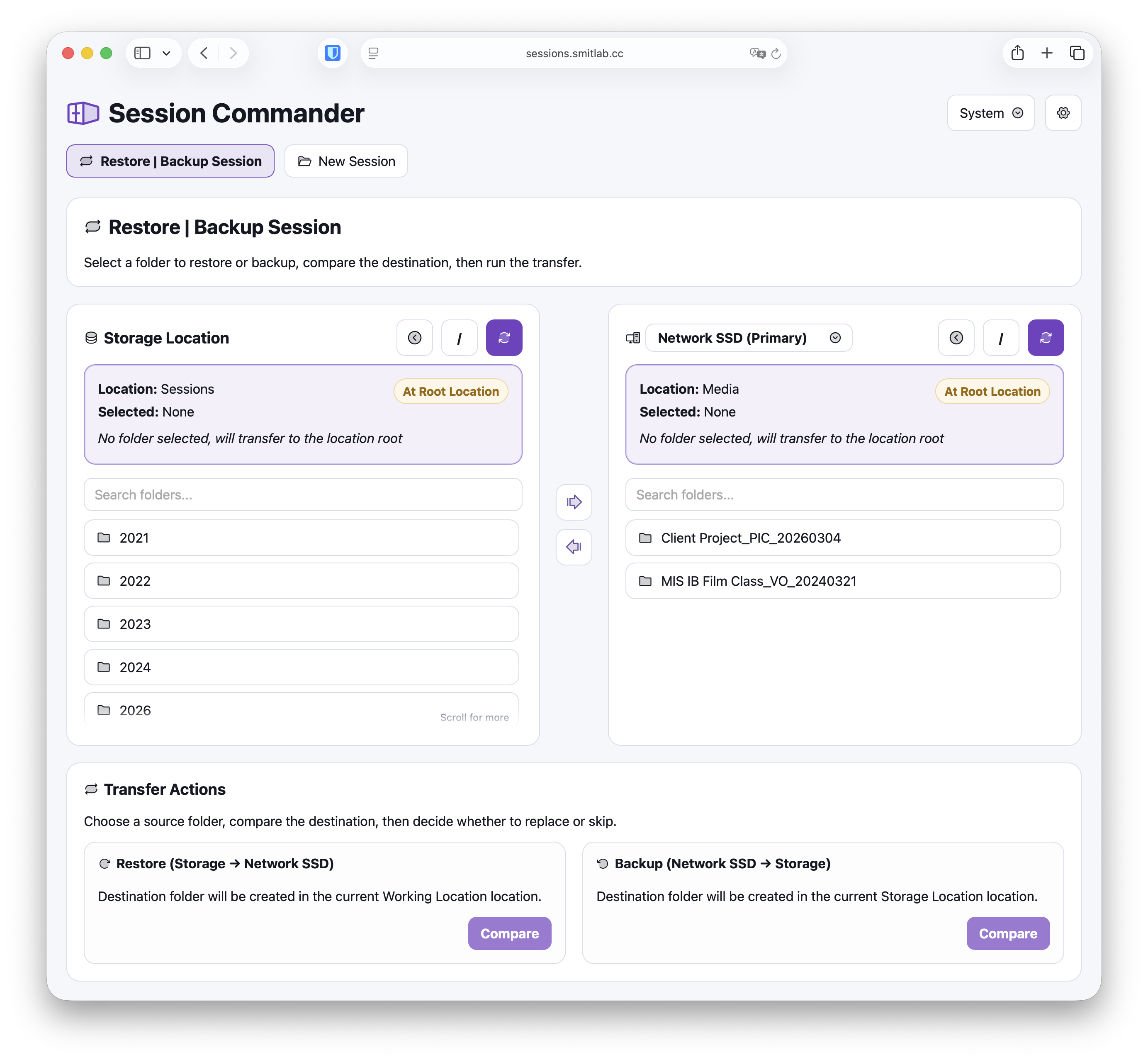 Session Commander showing side-by-side storage and working locations for direct session transfer