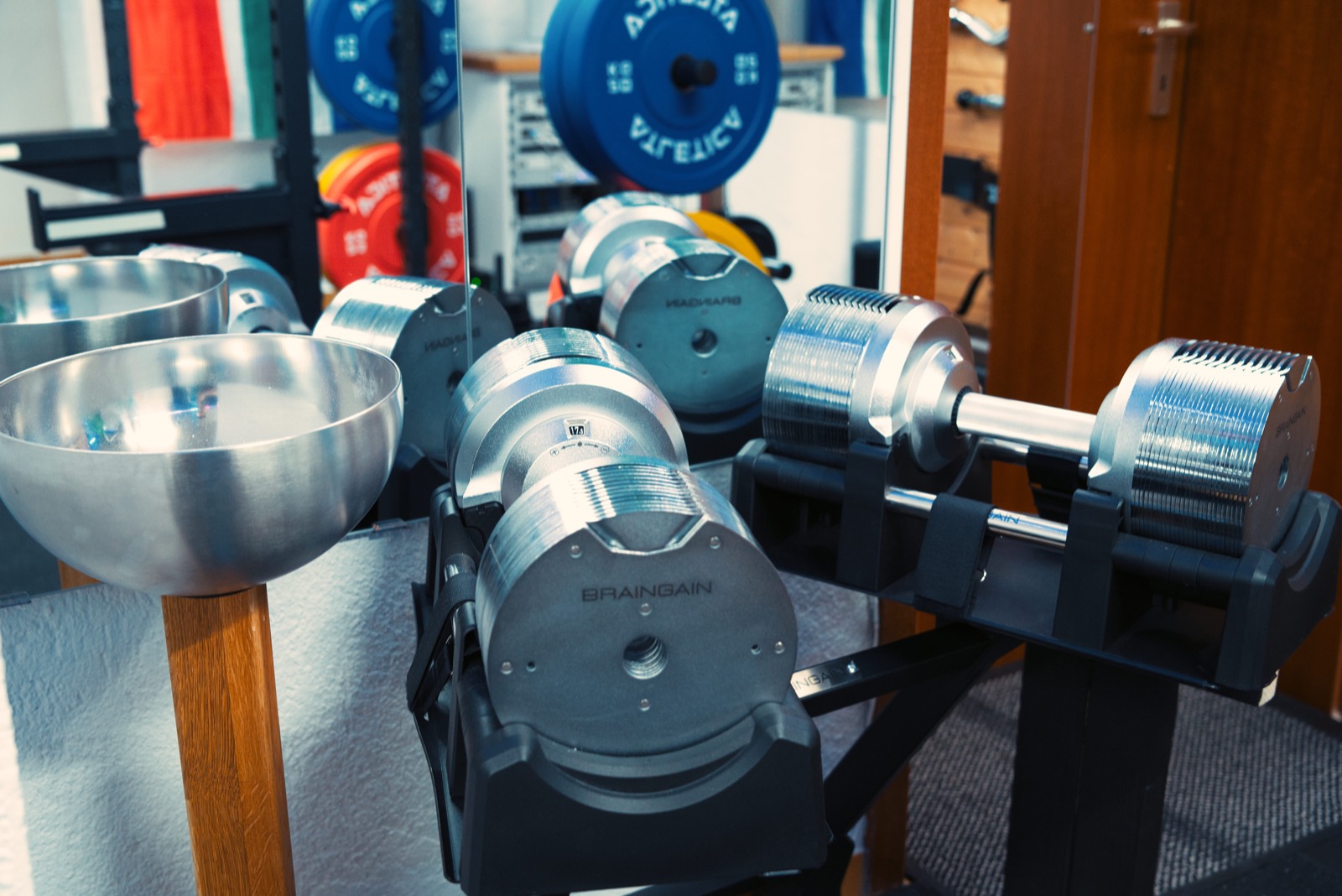 Adjustable dumbbells in front of color-coded gym plates