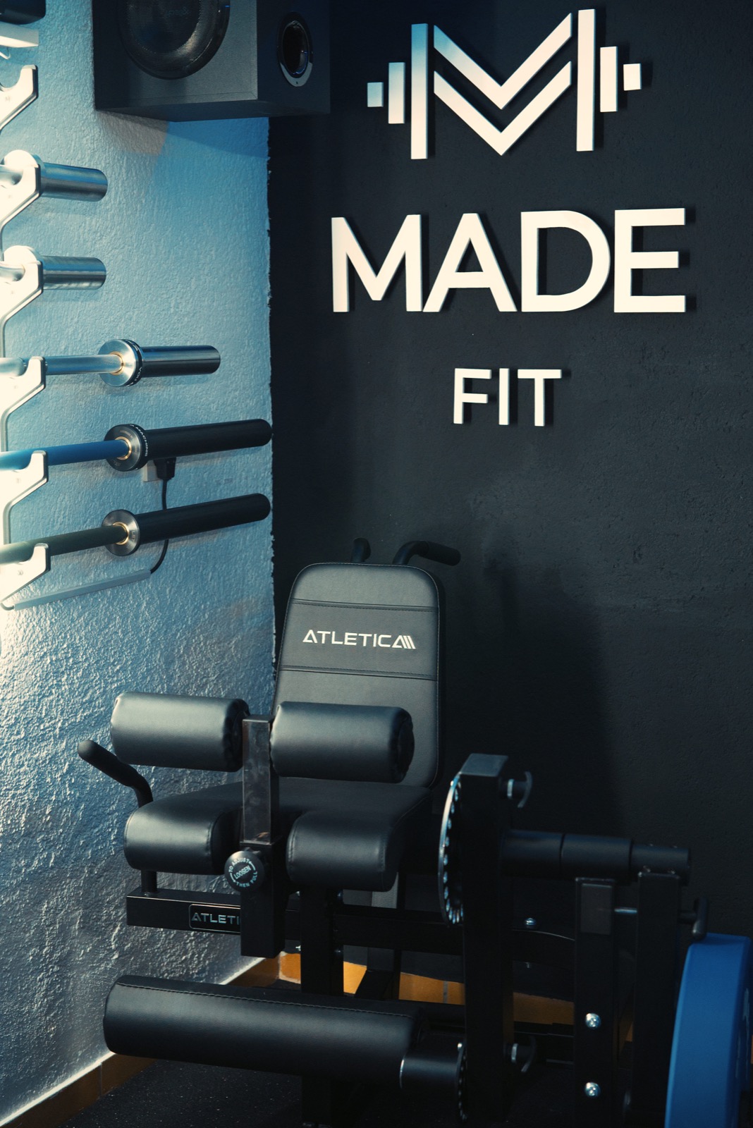 Vertical view of the Made Fit wall branding and equipment