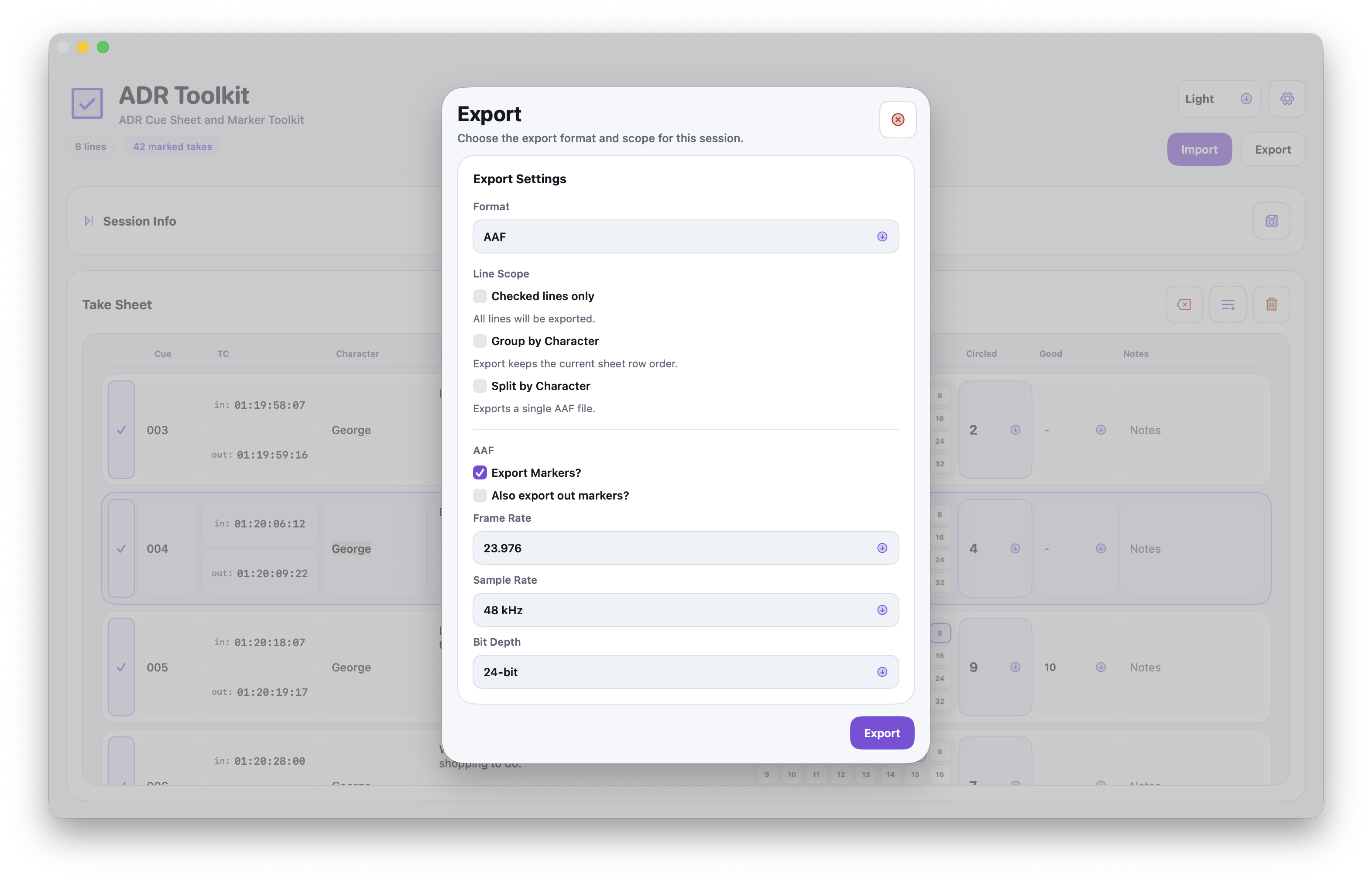 ADR Toolkit selected-take rows prepared for export