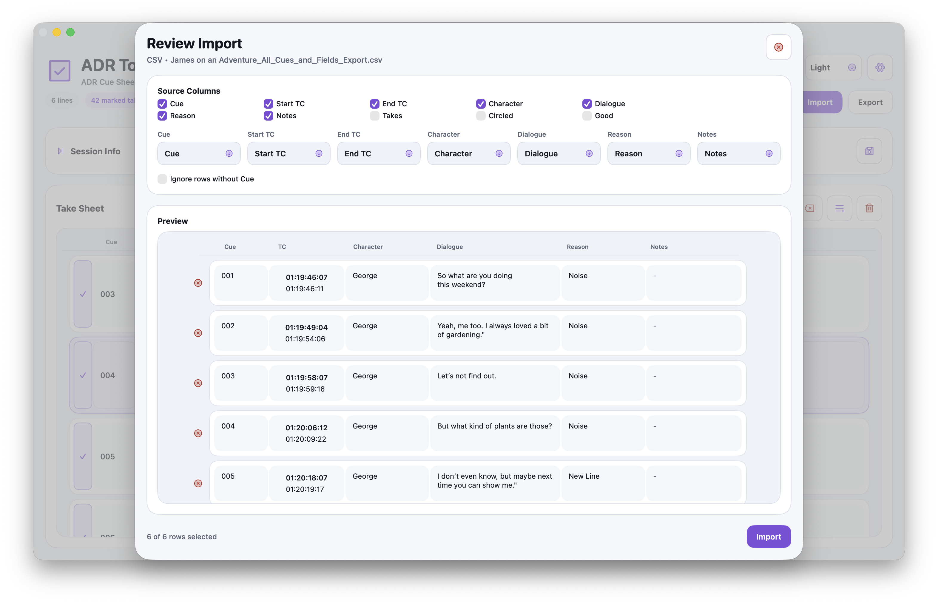 ADR Toolkit import-ready cue list and line structure
