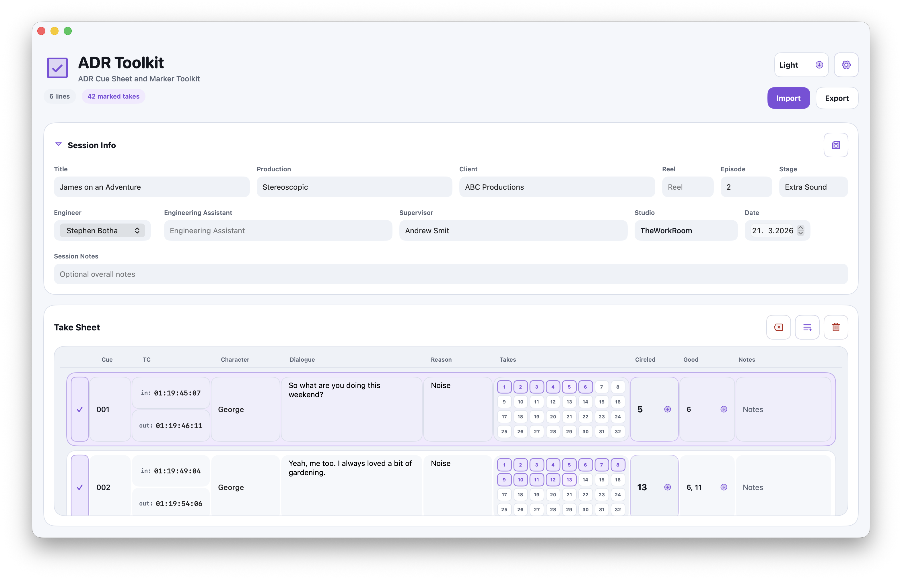 ADR Toolkit timeline view with take counts, selected takes, and cue metadata