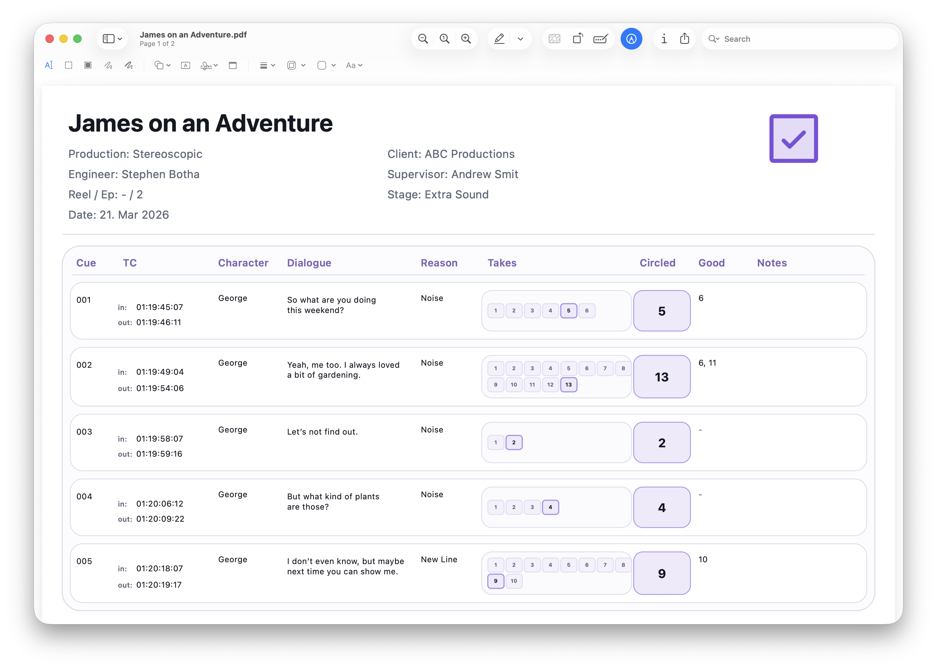 ADR Toolkit overview with line statuses and take markers