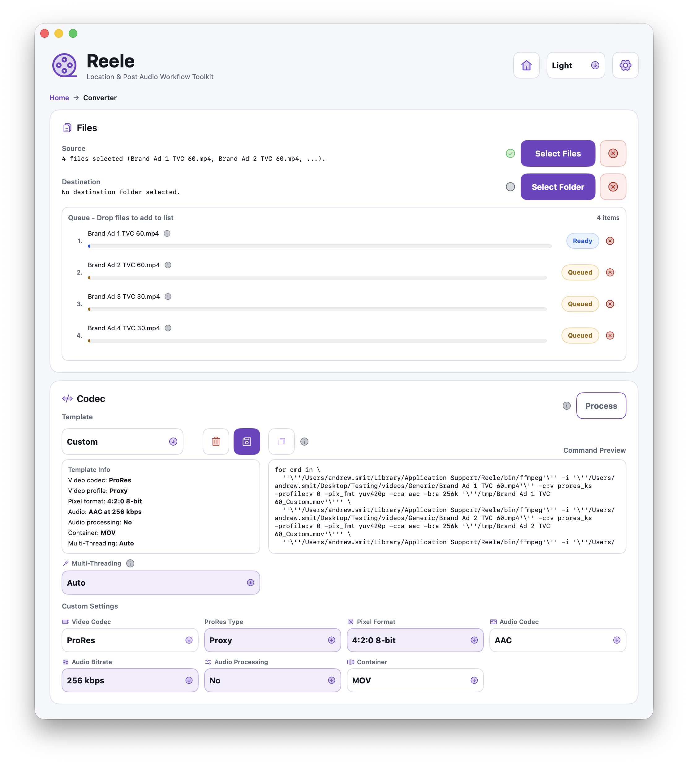 Reele converter workflow showing queue management, codec settings, and generated command preview
