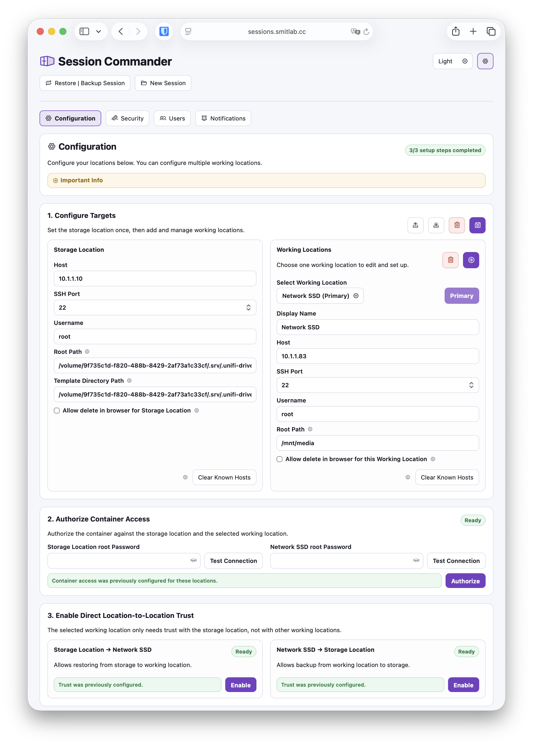 Session Commander configuration screen for storage and working location setup