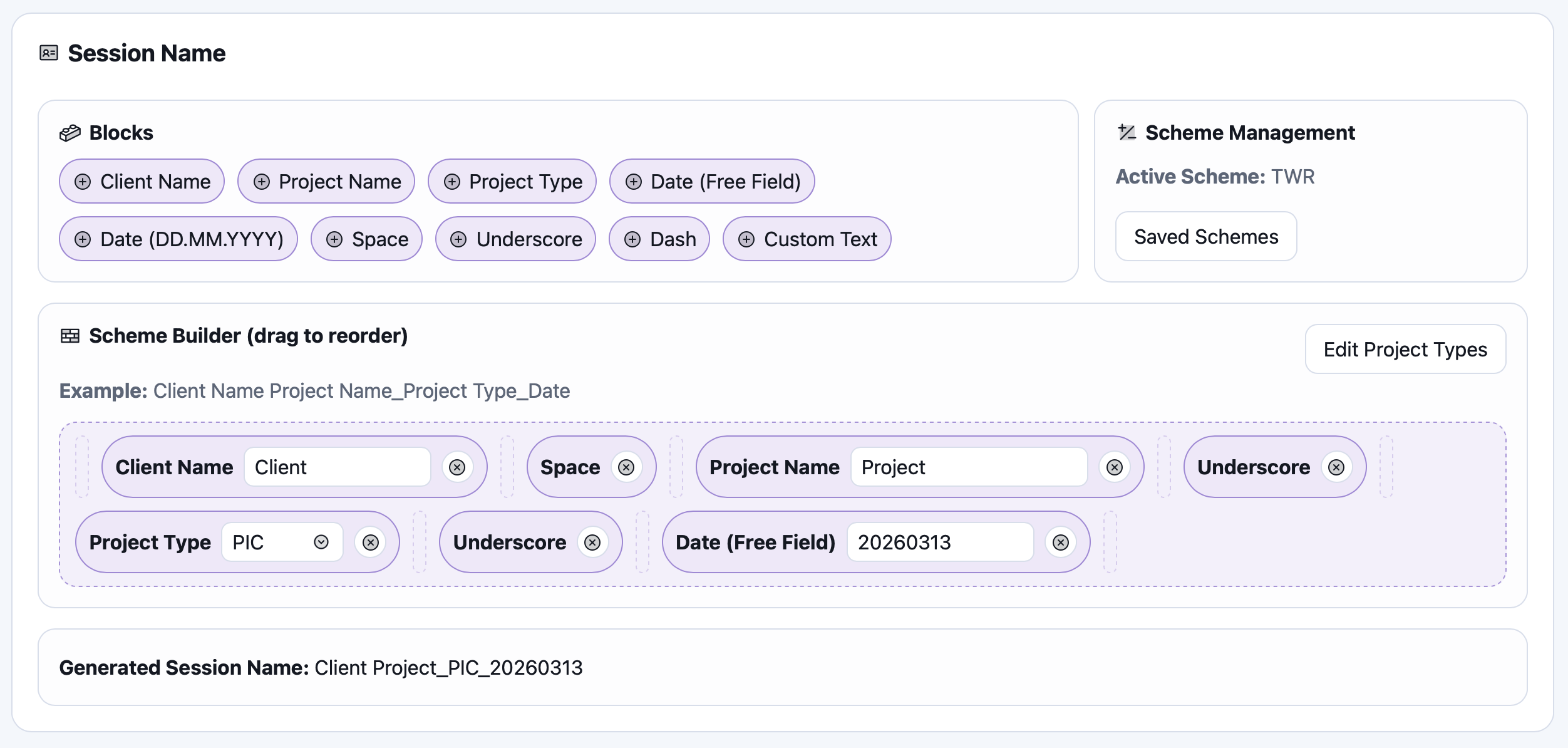 Session Commander naming scheme builder using drag-and-drop blocks for client, project, date, and separators