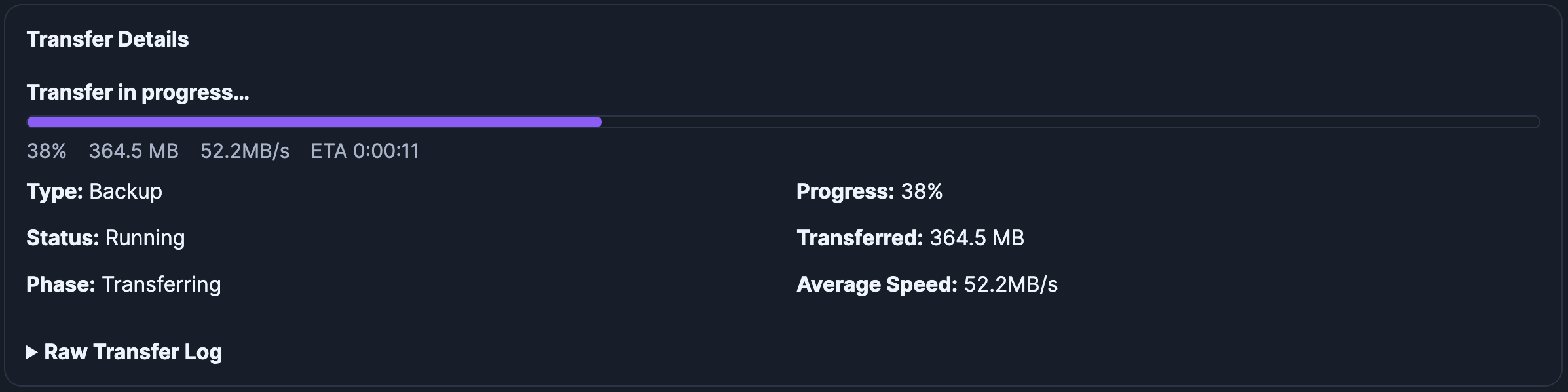 Session Commander transfer details showing progress, speed, eta, and raw transfer log